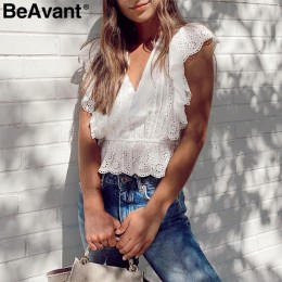 BeAvant elegante blusa blanca con volantes mujeres verano cuello en V bordado encaje algodón blusa camisa Vintage señoras tops c
