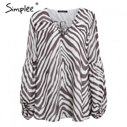 Simplee Zebra stripe impreso mujer blusa camisa talla grande mujer top camisa elegante cuello en v lace up señoras blusas camisa