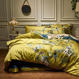 Sedoso algodón egipcio amarillo Chinoiserie estilo pájaros flores edredón sábana ajustable juego de sábanas King Size Queen