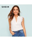 SHEIN v-placket encaje Trim Shell Top 2019 elegante cuello en V cuello de verano sin mangas mujeres Tops y blusas