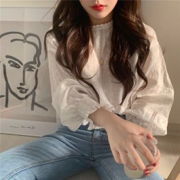 RUGOD coreano elegante estampado floral mujer blusa Vintage linterna mangas encaje blanco dulce señoras Camisas Casual femme top