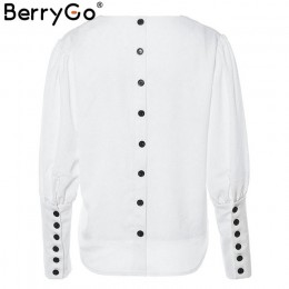 Blusa de mujer de manga de Puff BerryGo botón blanco cuello pico tops primavera 2019 elegante Oficina señora streetwear blusas m