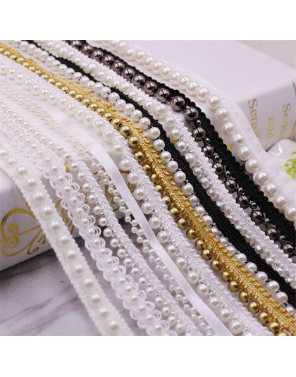 1 yardas Blanco/Negro encaje cuentas de perlas cinta de encaje africano encaje tela cuello vestido costura ropa tocado materiale