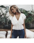 Simplee Sexy cuello en v blusa de verano mujer elegante volante alta cintura bordado Camisa de algodón moda blusa blanca 2019 se