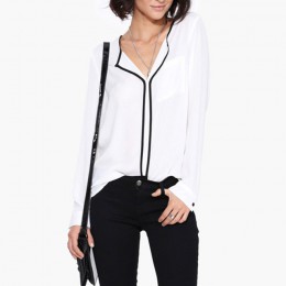 Moda mujer Casual blanco cuello en V manga larga negro lado chifón blusa camisa trabajo mujeres Tops