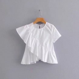 2019 nueva moda mujer asimétrica apilada volantes camisa blanca casual blusas de manga corta tops sueltos chemise blusas S3898
