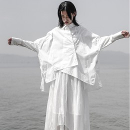 [EAM] 2019 nuevo Otoño Invierno solapa manga larga blanco suelto Oversize Irregular suelta camisa mujer blusa moda marea JS921