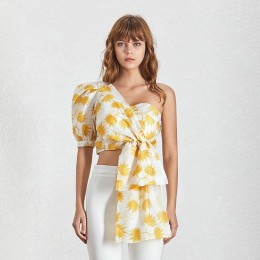 TWOTWINSTYLE camisa de impresión Casual para mujeres Puff manga fuera del hombro Irregular Crop Tops mujer verano 2019 ropa de m