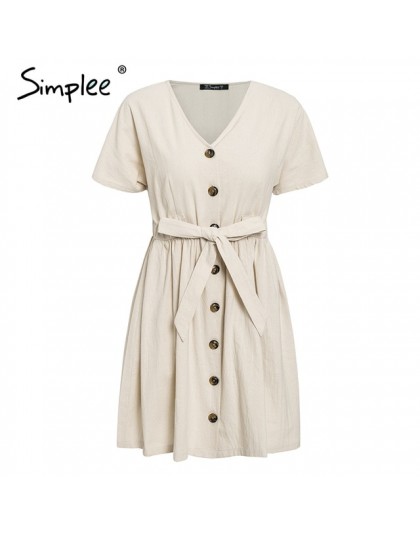 Simplee Vintage botón mujeres vestido camisa cuello en V manga corta algodón Lino corto vestidos de verano Casual coreano vestid