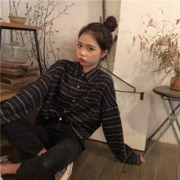 Camisetas de manga larga para mujer estilo universitario estilo coreano holgadas a cuadros Vintage Simple