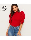 Sheinside elegante blusa de manga de Puff roja para mujer 2019 Verano de media manga con agujeros en la espalda blusas de mujer 
