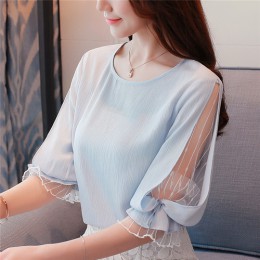 2018 moda gasa ropa de mujer verano media manga azul claro mujeres camisa blusa dulce cuello redondo mujeres blusas d740 30