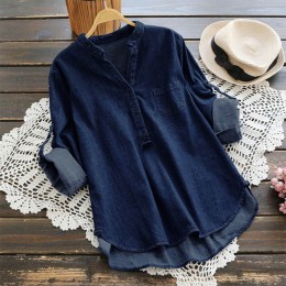 ZANZEA moda mujer blusa 2019 otoño Denim azul Camisas Mujer cuello en V manga larga camisa botón abajo verano Blusas trabajo Top