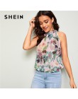 SHEIN Keyhole Back sin mangas blusa Floral ropa de mujer 2019 Casual Stand Collar blusa de verano para Mujer Tops y blusas