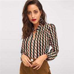 Camisa de manga larga con cuello en V para mujer, blusa y blusas para oficina, para otoño 2018, blusa Multicolor