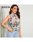 SHEIN Keyhole Back sin mangas blusa Floral ropa de mujer 2019 Casual Stand Collar blusa de verano para Mujer Tops y blusas