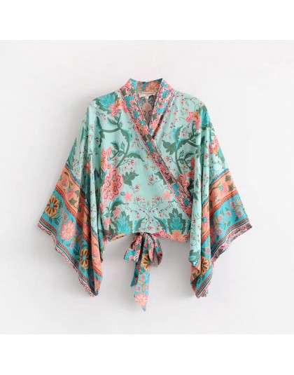 Boho Chic verano Tops cortos Vintage Pavo Real estampado Floral Kimono Mujer 2019 moda manga murciélago playa camisa Blusa Mujer