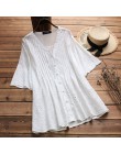 2019 verano mujeres algodón Lino blusa elegante bordado hueco Blusas Mujer cuello V botón camisas plisado túnica talla grande