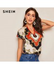 SHEIN Vintage Multicolor curvo dobladillo pañuelo estampado cuello de las mujeres blusa de verano manga glamoroso Casuales