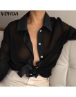 Blusa de manga larga con cuello de solapa Sexy para mujer, talla grande, transparente, 2019, ropa de playa de primavera y verano