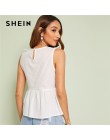 SHEIN Ruffle Trim bordado estampado Peplum blusa blanca de algodón cuello redondo blusa de verano sin mangas mujeres 2019 lindo 