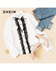 SHEIN blanco lazo cuello abotonado encaje Trim Keyhole Back blusa elegante Frill Stand Collar manga larga Tops mujeres 2019 liso