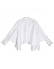 [EAM] 2019 nuevo Otoño Invierno solapa manga larga blanco Irregular dobladillo corte puntada Irregular talla grande camisa Mujer