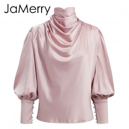 JaMerry Vintage rosa satinado mujeres blusa cuello tortuga plisada blusa de lujo camisa manga de linterna sólida moda elegante f