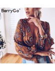 Blusa de Chifón con cuello en v con estampado de BerryGo para mujer blusa de verano de manga larga crop top 2019 blusa Sexy para