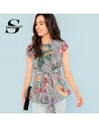 Sheinside Cap manga con cinturón blusa Floral mujeres rayas Top camisas Oficina señoras OL Work 2019 Casual mujeres blusas de ve