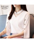 Blusa de mujer 2019 blusas de chifón rebordear blusa camisa blanca sólida ropa camisas tres cuartos cuello en V 2994 50
