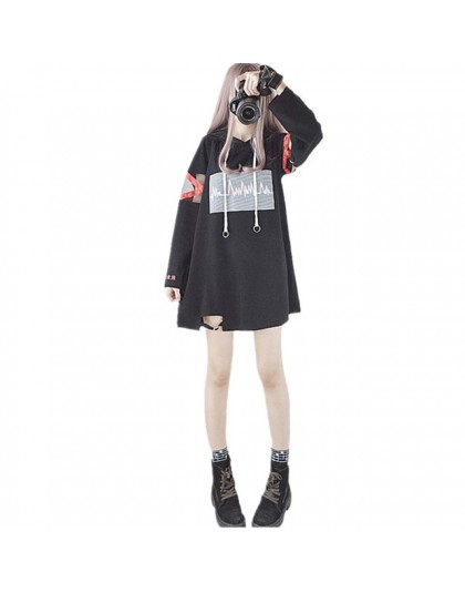 2019 Corea mujeres Lolita Long Hoodies japonés Harajuku moda ECG gráfico femenino blanco sudadera con corazón Kawaii gótico Tops