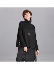 [EAM] suelta ajuste negro cinta Split sudadera nuevo cuello alto manga larga mujeres talla grande moda marea otoño invierno de 2