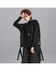 [EAM] suelta ajuste negro cinta Split sudadera nuevo cuello alto manga larga mujeres talla grande moda marea otoño invierno de 2