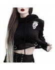 InsGoth mujer sudaderas Cropped Hoodies gótico cráneo impreso negro suelto corto sudaderas de malla de retazos mujer Streetwear 