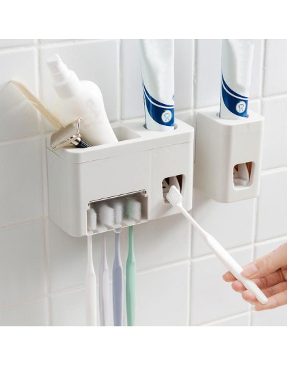 Dispensador automático de pasta de dientes conjunto familiar montado en la Pared Soporte de cepillo de dientes estante exprimido