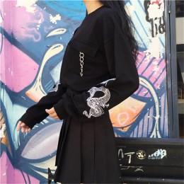 Sudadera negra bordada de mujer Top de manga larga cadenas Preppy cuello redondo Pullovers Tops mujeres 2019 otoño moda mujer ro
