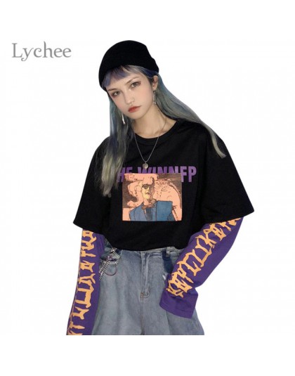 Lychee Vintage falso 2 piezas letra personaje mujeres sudadera de Color con cuello redondo manga larga otoño Casual suelto mujer