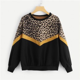 SweatyRocks leopardo Panel gota hombro sudadera manga larga cuello redondo Pullover Tops 2018 moda Otoño mujeres Casual sudadera
