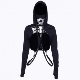 InstaHot gótico Punk Sudadera con capucha mujeres negro esqueleto estampado máscara de manga larga Crop Tops 2019 moda Halloween