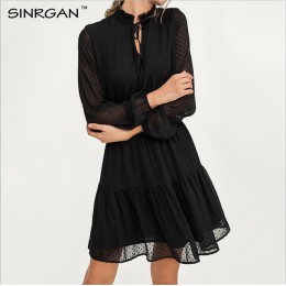 SINRGAN negro de encaje ahuecado hacia fuera mini vestido de Mujer vestidos de manga larga cintura elástica sexy vestidos de fie