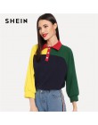 SHEIN Multicolor FIN DE SEMANA Casual corte y coser medio Placket Color bloque sudadera 3/4 manga jerseys mujeres otoño sudadera