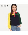 SHEIN Multicolor FIN DE SEMANA Casual corte y coser medio Placket Color bloque sudadera 3/4 manga jerseys mujeres otoño sudadera