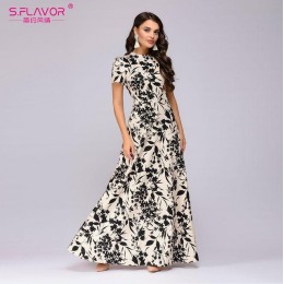 S. FLAVOR mujeres vestido largo manga corta Floral estampado Boho vestido elegante vestido de fiesta ajustado Maxi vestido de fi