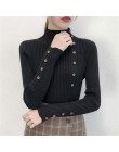 2019 mujeres otoño suéter tejido sólido tejido femenino algodón suave elástico Color pulóveres botón manga larga cuello alto