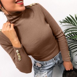 Botón de punto manga suéter sólido jerseys Causal delgada de 2019 las mujeres de cuello alto Oficina suéteres de mujer de punto