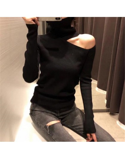 Suéter de punto con hombros descubiertos suéter para mujer de manga larga cuello alto Mujer Jumper negro blanco gris ropa Sexy