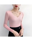Pull Femme Sexy cuello en V profundo mujer suéteres y pulóveres 2018 invierno rosa gris tejido caliente suéter elástico Delgado 