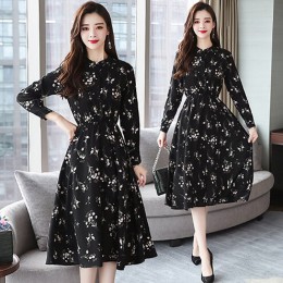 Otoño Invierno negro Vintage Floral gasa Midi vestido talla grande Boho Vestidos 2019 elegantes mujeres fiesta Vestido de manga 