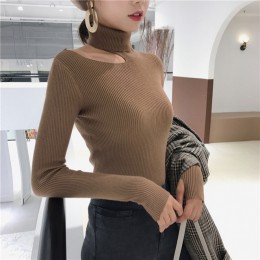 Suéter Sexy con hombros descubiertos pulóveres para mujeres 3 colores de manga larga cuello alto Mujer Jumper negro marrón Club 